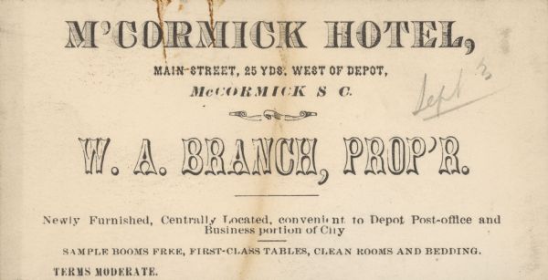 Business card for the McCormick Hotel.