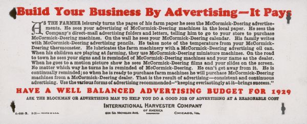 Advertising blotter for McCormick-Deering dealers. The blotter encourages dealers to advertise their business and products to help increase sales.