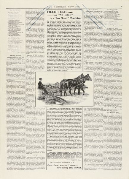An advertisement for the McCormick No. 4 Steel Mower in the December edition of <i>The Farmer's Advance</i>, a publication of the McCormick Harvesting Machine Company. The text sreads: "Field tests are 'No Good' for a 'No Good' machine," but goes on to say that "But for the McCormick No. 4 Steel Mower, the field test is always invited" and talks about the winning performance of the mower at a field test at the World's Fair in Wayne, Illinois. The advertisement also shows an illustration of a man driving a horse-pulled No. 4 steel mower.