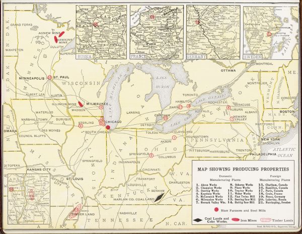 Map of states in the United States, as well as inset maps of Russia, France, Germany and Sweden. At bottom right is a key for the map that includes: a numbered list of 21 domestic and foreign manufacturing plants; a round red symbol that marks the locations of blast furnaces and steel mills; a black diamond for coal lands and coke works; a red elliptical symbol for iron mines, and red cross hatches for timber lands.