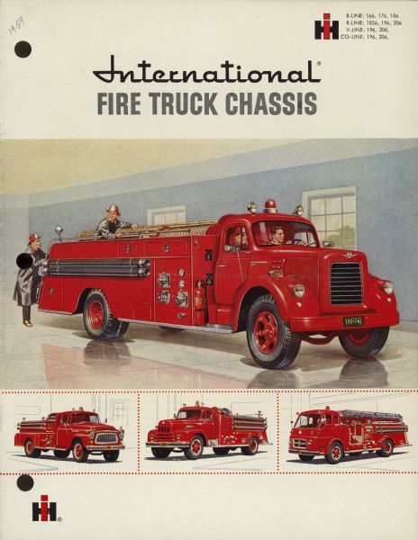 Front cover color illustration of an advertising brochure for International B-line, R-line, V-line and CO-line fire truck chassis.