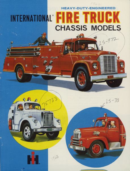 Front cover color illustration of an advertising brochure for International Fire Truck Chassis Models.