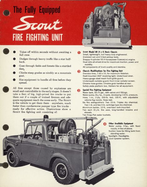 One side of a 2-sided folding mailer. Features "The Fully Equipped Scout Fire Fighting Unit".