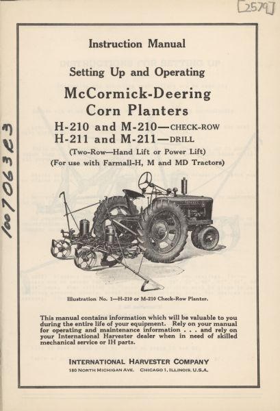 Front cover of Instruction Manual. Setting Up and Operating McCormick-Deering Planters. H-210 and M-210 — Check-Row. H-211 and M-211 — Drill. (Two-Row — Hand Life or Power Lift) (For use with Farmall-H, M and MD Tractors).