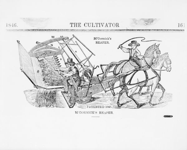 A diagram of McCormick's cultivator-reaper, which was patented in 1845. The illustration, titled "The Cultivator" depicts a man using a rake to remove the grain from the reaper. A person, perhaps a young boy, is holding a whip while riding on one of the horses pulling the reaper. The parts of the reaper are labeled with letters. Typewritten on negative envelope: "Copied from <u>Walter A. Wood <s>Co.</s> Circular of the Mowing and Reaping Machine Co</u>., 1867, p.24."