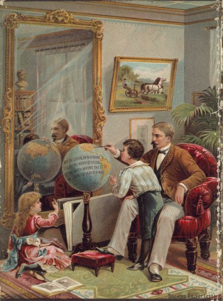 Lithograph illustration for the back cover of the McCormick Harvesting Machine Company catalog. Shows a gentleman sitting in a Victorian parlor pointing to a globe for a boy and girl. Includes the text: "Teaching object lessons: my children on this globe you see the harvest fields of the earth where the McCormick is ever king."