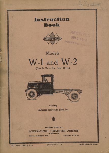 Instruction book cover. W-1 and W-2 (Double Reduction Gear Drive) including Sectional view and parts list.
