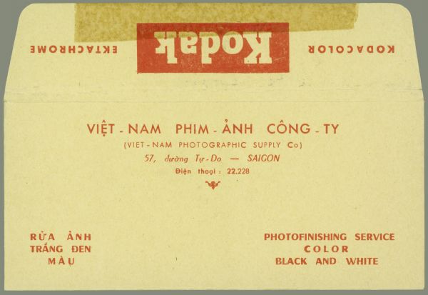 Kodak envelope written in English and Vietnamese. Lists the "Viet-Nam Photographic Supply Co" in Saigon.