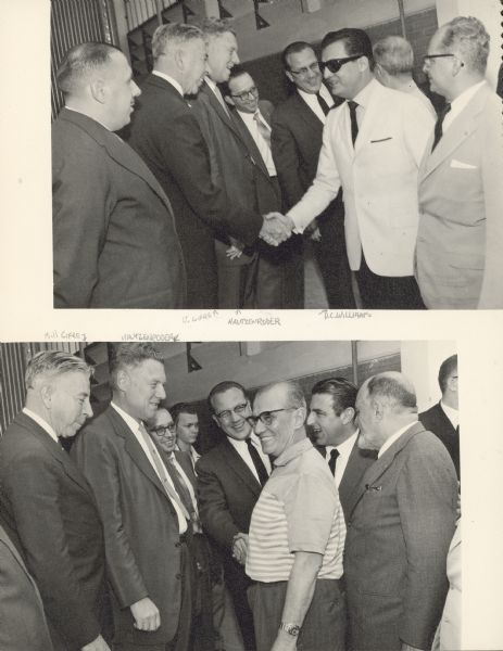 Two photographs of men greeting each other at the factory in Brazil. Handwritten names identify some of the men. Album of photographs is titled: "Visitation of Senators, Santo André Works, International Harvester Máquinas, S.A., Brazil, September 1959." In the top photograph, the men in the center are identified as, from left: W. Gifre, Hautzenroder, D.C. Williams. In the bottom photograph, the men identified are, from left: Bill Gifre, Hautzenroder.