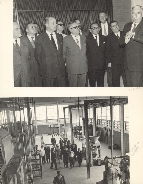 Two photographs in album. The top photograph is of men visiting the factory in Brazil. The bottom photograph is an elevated view of people walking through the core room and foundry. Album of photographs is titled: "Visitation of Senators, Santo André Works, International Harvester Máquinas, S.A., Brazil, September 1959." In the top photograph Bill Gifre is identified on the far right.