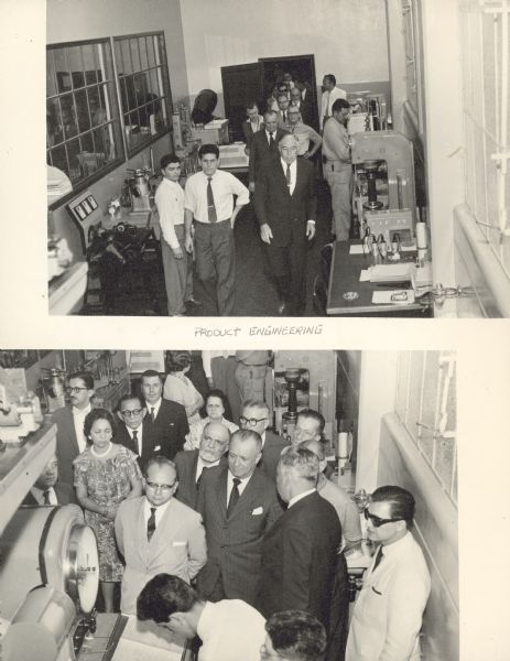 Two photographs in album of an elevated view of people touring Product Engineering. in Brazil. Album of photographs is titled: "Visitation of Senators, Santo André Works, International Harvester Máquinas, S.A., Brazil, September 1959."