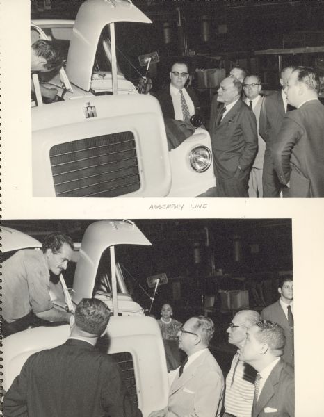 Two photographs in album showing people touring the Assembly Line in Brazil. Album of photographs is titled: "Visitation of Senators, Santo André Works, International Harvester Máquinas, S.A., Brazil, September 1959."