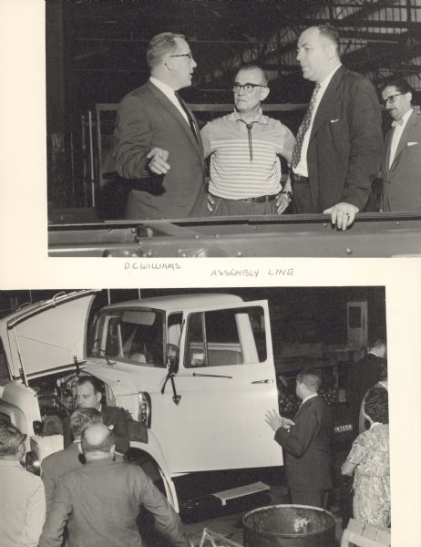 Two photographs in album showing people touring the Assembly Line in Brazil. Album of photographs is titled: "Visitation of Senators, Santo André Works, International Harvester Máquinas, S.A., Brazil, September 1959." In the top photograph D.C. Williams is identified on the far left.