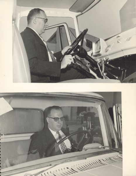 Two photographs in album showing a man sitting behind the wheel of a truck in a factory in Brazil. Album of photographs is titled: "Visitation of Senators, Santo André Works, International Harvester Máquinas, S.A., Brazil, September 1959."
