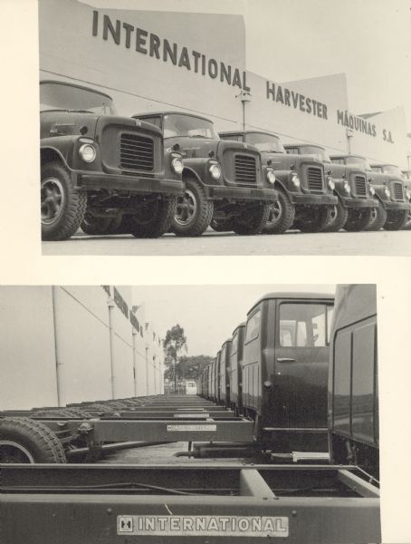 Two photographs in album showing trucks lined up outside the factory in Brazil. Album of photographs is titled: "Visitation of Senators, Santo André Works, International Harvester Máquinas, S.A., Brazil, September 1959."