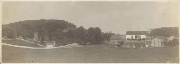 Panoramic view of Walnut Grove farm. Handwritten on back: "This shows the house, barn & shop etc. taken from the road going to Steeles Tavern. Walnut Grove Farm."