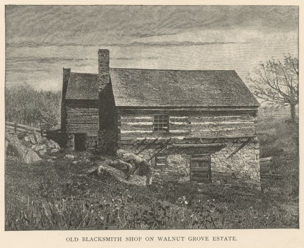 Illustration of the shop. Caption reads: "Old Blacksmith Shop on Walnut Grove Estate."