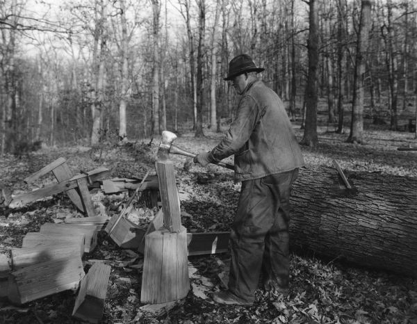 Man using an axe to split wood for shingles.
