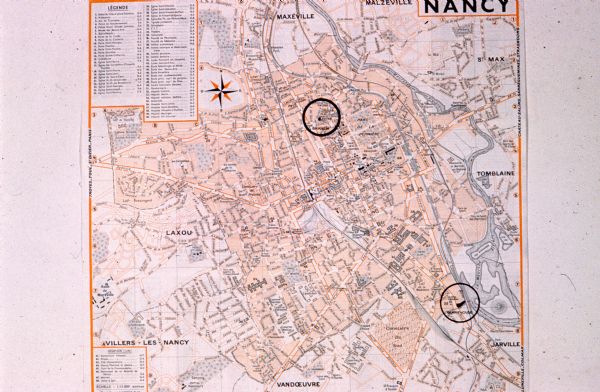 Map of the city of Nancy, France. The IH Branch and a warehouse are circled.
