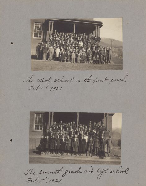 Page from booklet with a photograph at top with caption that reads: "The whole school on the front porch Feb. 1st, 1921." Caption for photograph at bottom reads: "The seventh grade and high school Feb. 1st, 1921."