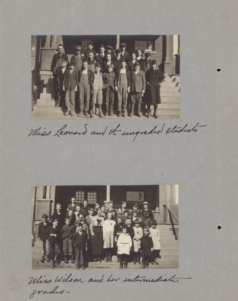 Page from booklet with a photograph at top with caption that reads: "Miss Leonard and the ungraded students." Caption for photograph at bottom reads: "Miss Wilson and her intermediate grades."