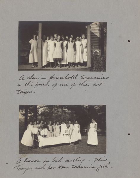 Page from booklet with a photograph at top with caption that reads: "A class in Household Economics on the porch of one of the cottages." Caption for photograph at bottom reads: "A lesson in bed-making — Miss Tramper[?] and her House economics girls."