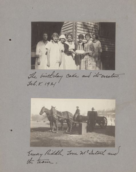 Page from booklet with a photograph at top with caption that reads: "The birthday cake and its creators, Feb. 8, 1921." Caption for photograph at bottom reads: "Emory Riddle, Tom McDutish[?] and the team."