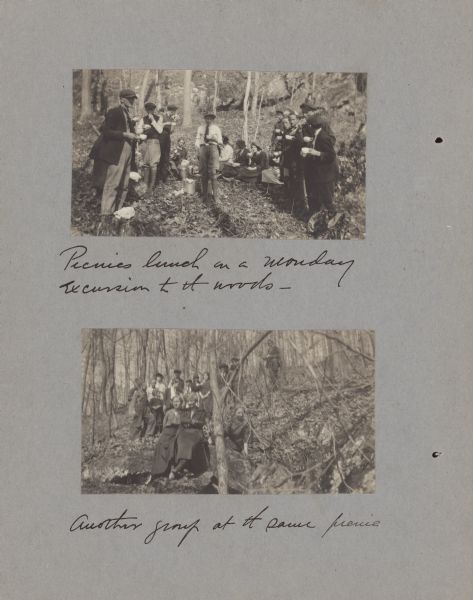 Page from booklet with a photograph at top with caption that reads: "Picnic lunch on a Monday excursion to the woods." Caption for photograph at bottom reads: "Another group at the same picnic."