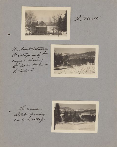 Page from booklet with a photograph at top with caption that reads: "The 'Manse'." Caption for photograph at center reads: "The street between the cottages and the campus, showing the Baker[?] House in the distance." Caption for photograph at bottom reads: "The same street showing one of the cottages."