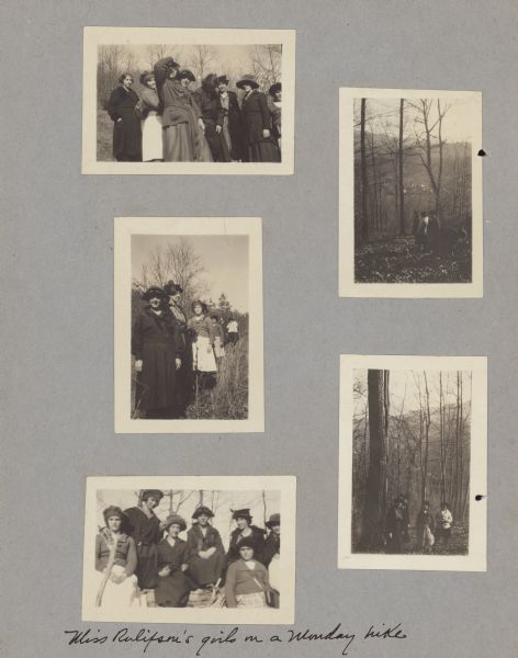 Page from booklet with five photographs and a caption at bottom that reads: "Miss Rulifson's[?] girls on a Monday hike."