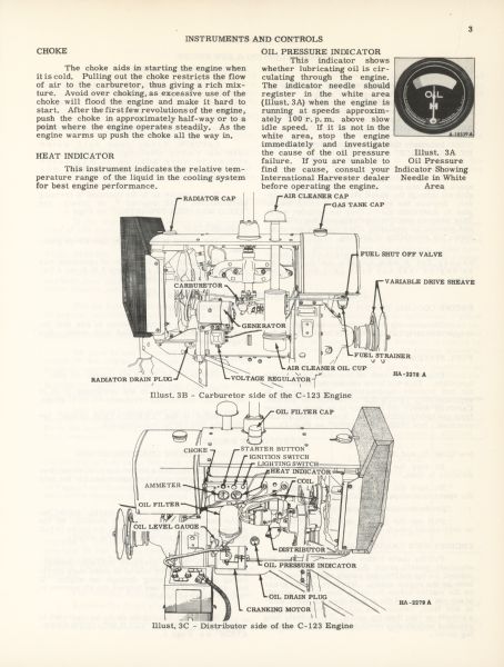 Page from manual titled "Instruments and Controls." Illust. 3B - Carburetor side of the C-123 Engine and Illust. 3C - Distributor side of the C-123 Engine.