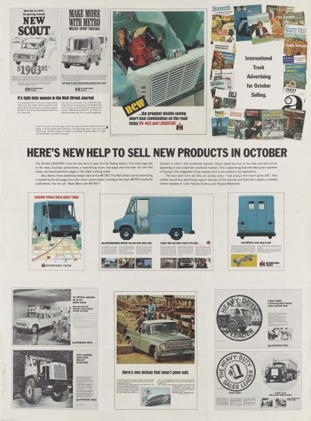 Advertising poster with a headline that reads: "Here's New Help to Sell New Products in October." Features samples of ads for the Scout, the DV-462 Loadstar, the Metro, the Travelall ambulance, the International pickup, cab-over truck, special trucks, and the Fleetstar.