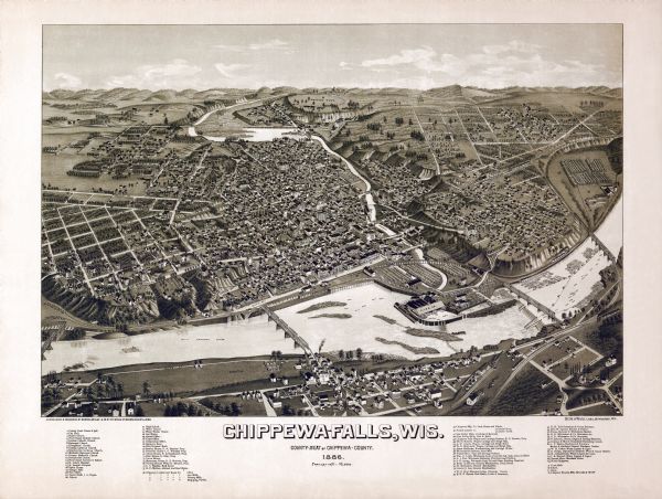 Bird's-eye map of Chippewa Falls, county seat of Chippewa Falls.