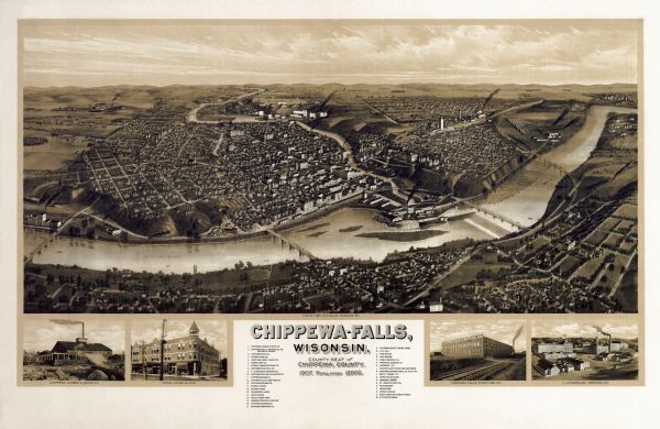 Bird's-eye map of Chippewa Falls with insets of Chippewa Lumber & Boom Co., Opera House Block, Chippewa Falls Furniture Co., and J. Leinenkugel Brewing Co.