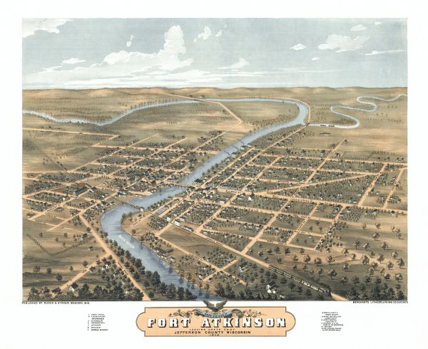 Birds eye drawing of Fort Atkinson, Jefferson County, depicts street names and street layouts, houses, trees, Rock River and Bark River. A reference key at the bottom of the map shows the locations of the city's public school, specific denominational churches (Universalist, Congregational, Lutheran, Methodist, and German Methodist), Witcox Southwell & Co. Lumber Dealer, North Western Furniture Co., foundry, Fort Atkinson Tannery and Fort Atkinson Mills. The view is looking northeast.