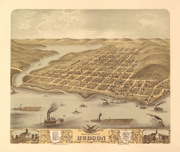 Bird's-eye map of Hudson, with insets of Court House and Public School.