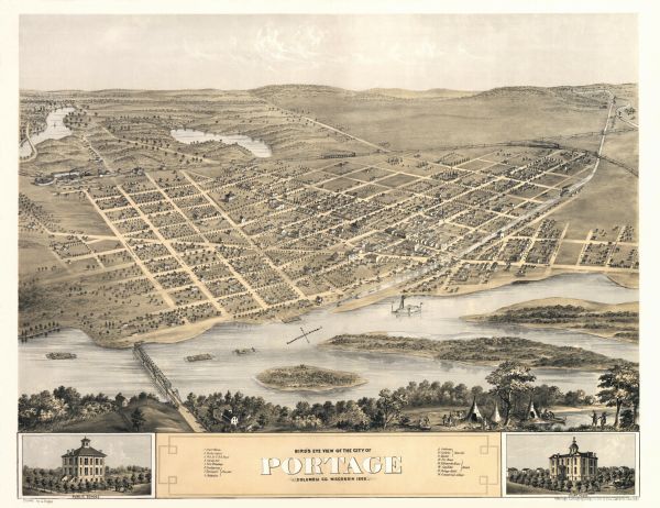Bird's-eye map of Portage, with insets of the Court House and the Public School.