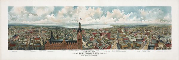 Bird's-eye map of Milwaukee with prominent streets and buildings identified. Taken from City Hall Tower.