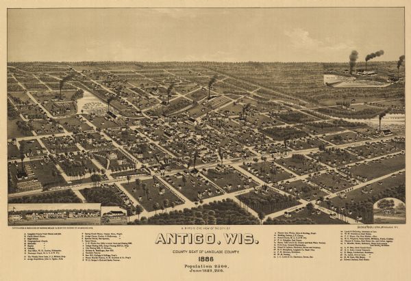 Bird's-eye map of Antigo, county Seat of Langlade County, population 2500.