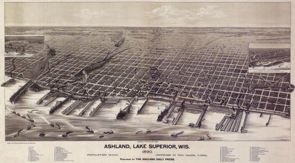 Bird's-eye map of Ashland, viewed from Lake Superior, with insets of Prentice Park and Fishery. Population 16,000. Increase in Ten Years, 11,000.