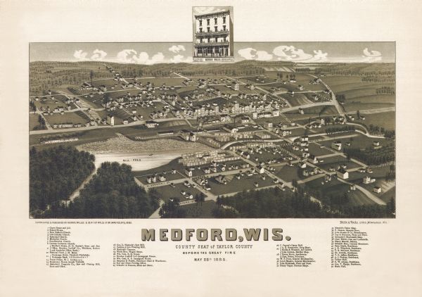 Bird's-eye map of Medford, before the great fire of May 28, 1885.