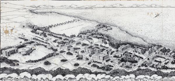 Bird's-eye map of the University of Wisconsin-Madison on Lake Mendota.  Black and white drawing with named streets and numbered buildings without location key.  Extends from Camp Randall on the left to Lake Street on the right bottom corner, with Lake Mendota in the background and large, empty areas with sidewalks.