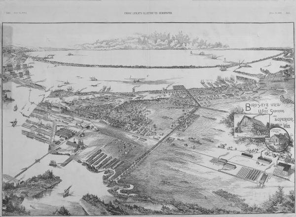 Bird's-eye map of West Superior and Superior, with insets of Wright Farm and First Building in Superior.