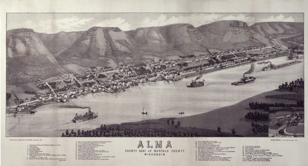 Alma was platted and settled in 1855, on a narrow strip of land between high bluffs and the Mississippi River. Its location made it a popular shipping center. By 1880 German settlers dominated the population.