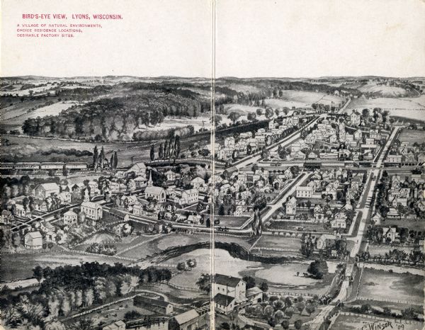 Illustration of town. Caption reads: "Bird's-eye View, Lyons, Wisconsin. A Village of natural environments, choice residence locations, desirable factory sites." From a pamphlet distributed by the Lyons State Bank.