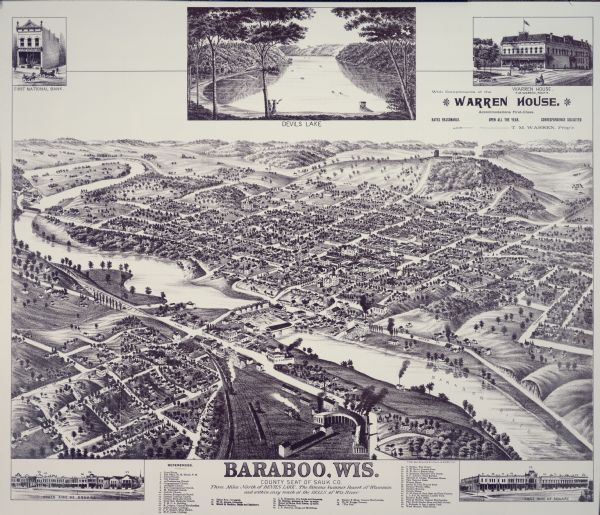Bird's-eye map of Baraboo with inset of Devil's Lake, the south and east sides of the commercial square, the First National Bank, and the Warren House hotel. This view was distributed with compliments of the proprietor of the Warren House to promote area tourism.