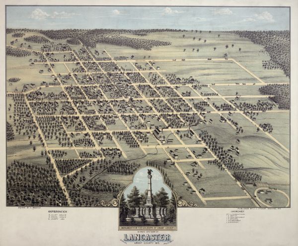 Bird's-eye map of Lancaster, with inset of Monument for the Soldiers of Grant County.