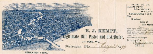 Bird's-eye view of Sheboygan on an advertisement for Kempf's Magical Salve, distributed by E.J. Kempf, "Legitimate Bill Poster and Distributor."