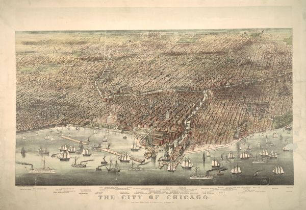Bird's-eye view of Chicago, with ships in the Lake Michigan harbor.