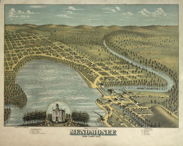 Bird's-eye map of Menomonie, with an inset of the County Court House.<p>Spelled Menomonee on map.</p>